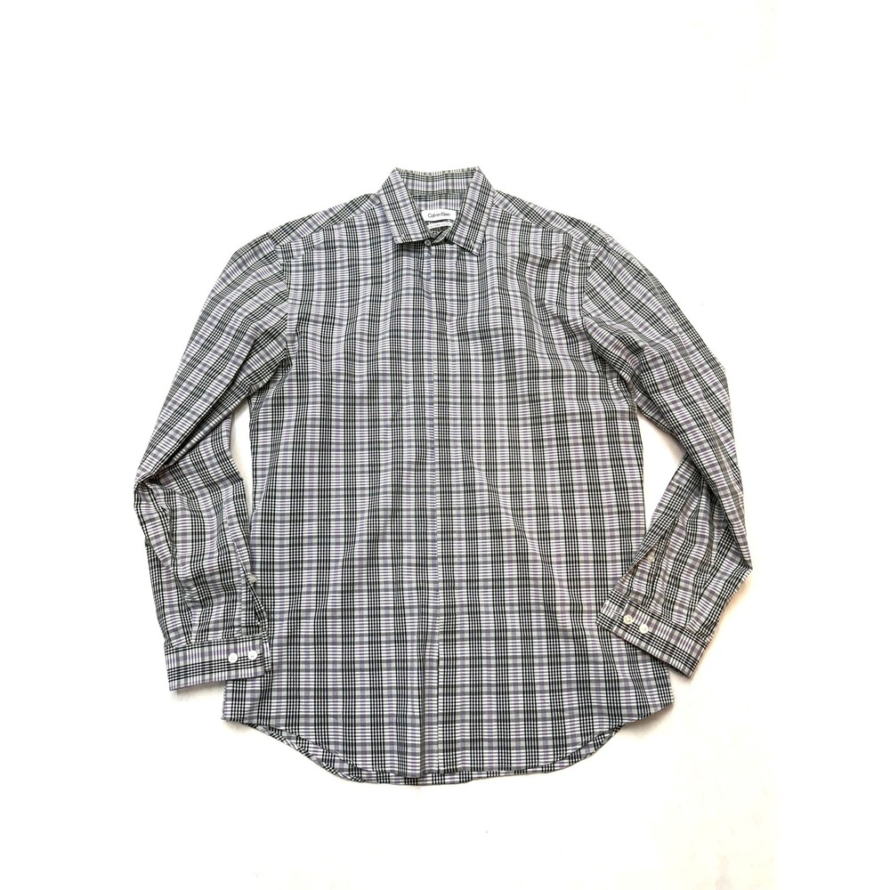 CALVIN KLEIN Mens 15.5 Black Gray Purple Plaid Long Sleeve Slim Fit Button Up